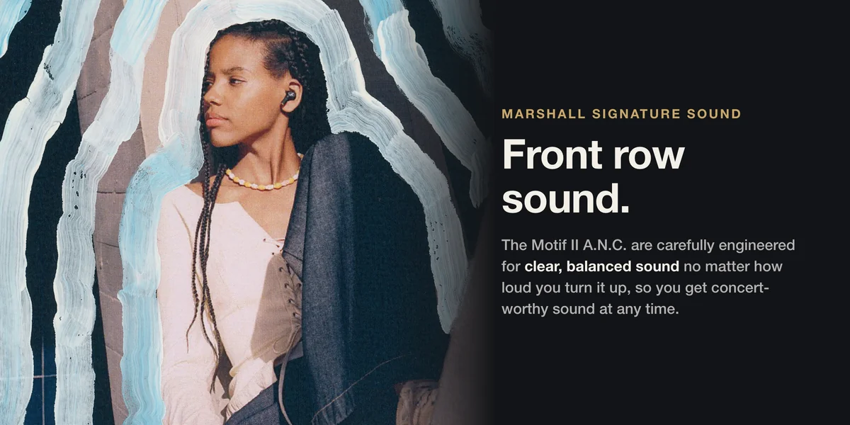 Marshall Motif II A.N.C. earbuds worn outdoors, front row sound with clear, balanced Marshall signature sound