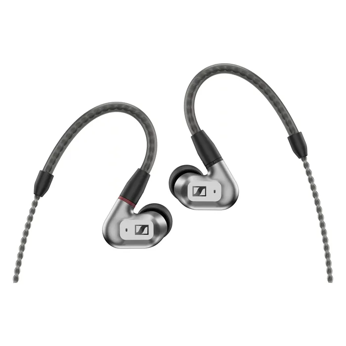 Sennheiser IE 200 wired in-ear monitors, Silver Edition, pair with ear hooks, front view