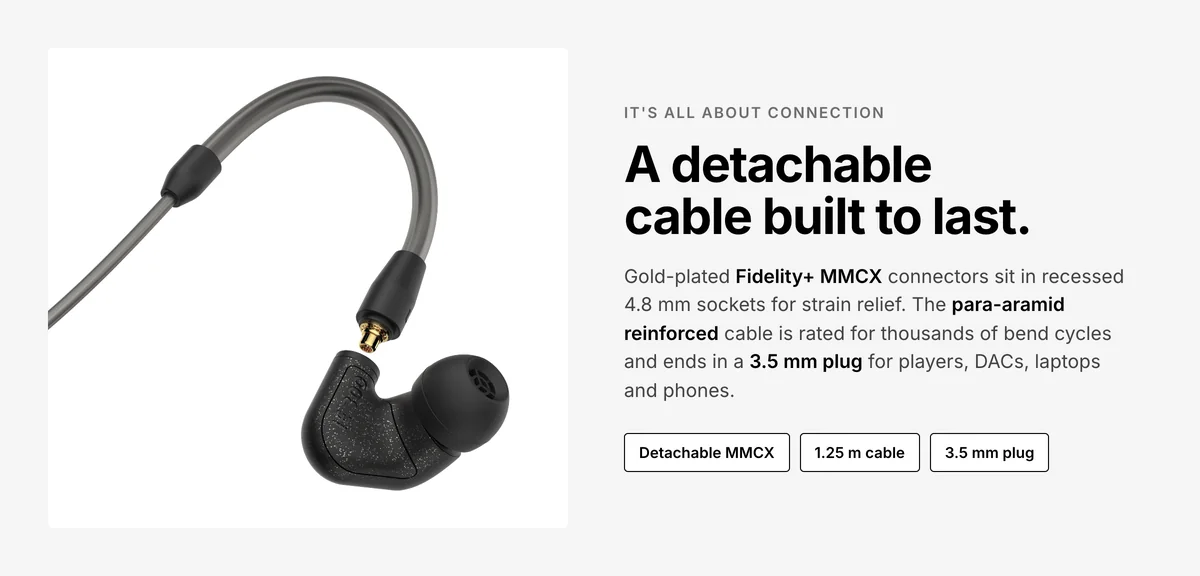 Sennheiser IE 300 detachable cable with gold-plated MMCX connector, 1.25 m length and 3.5 mm plug