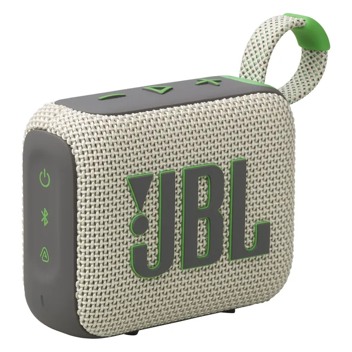 JBL Go 4 portable Bluetooth speaker in Sand, angled front view