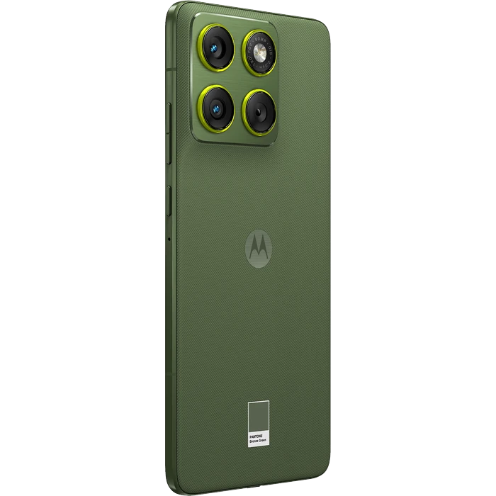 Motorola Edge 70 in Pantone Bronze Green, angled back view