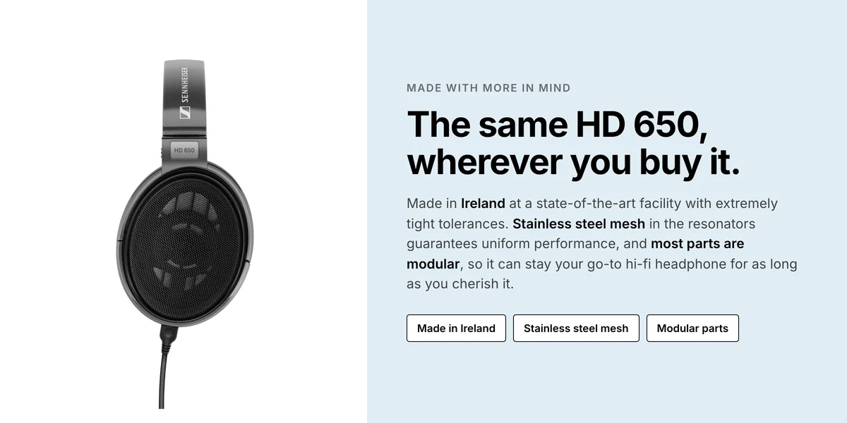 Sennheiser HD 650 side view, made in Ireland with stainless steel mesh and modular parts
