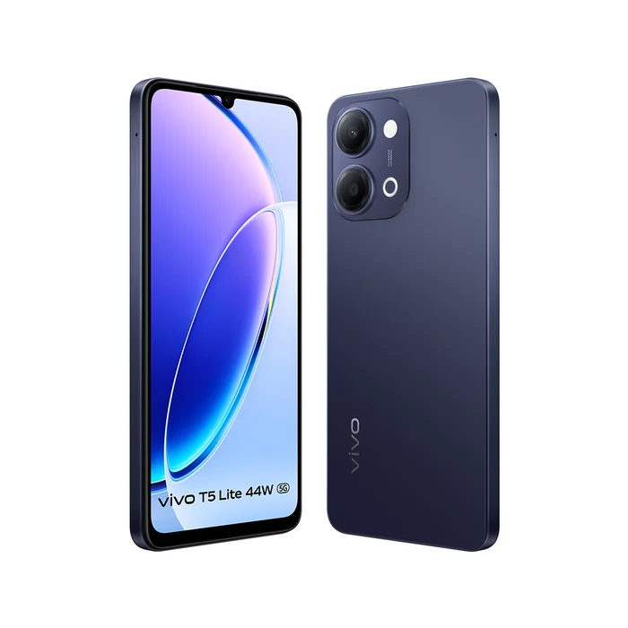 Vivo T5 Lite 5G in Twilight Shadow, angled front and back views