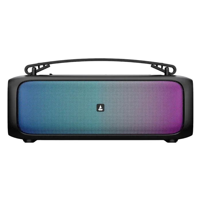 boAt Stone Beam portable Bluetooth speaker in Midnight Black, front view with the RGB light panel