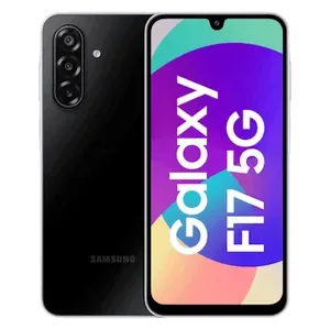 Samsung Galaxy F17 5G in Neo Black, back view and front screen with the main features listed