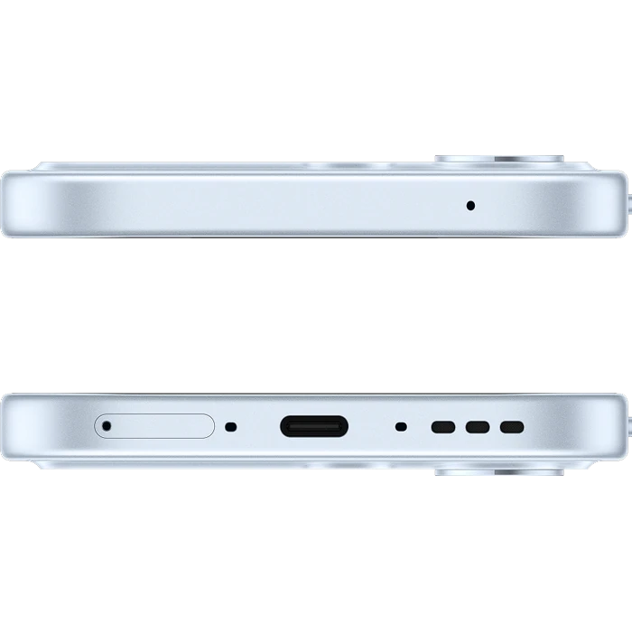 OPPO F35 Pro 5G in Wave Blue, top and bottom edges with the USB Type-C port and speaker grille