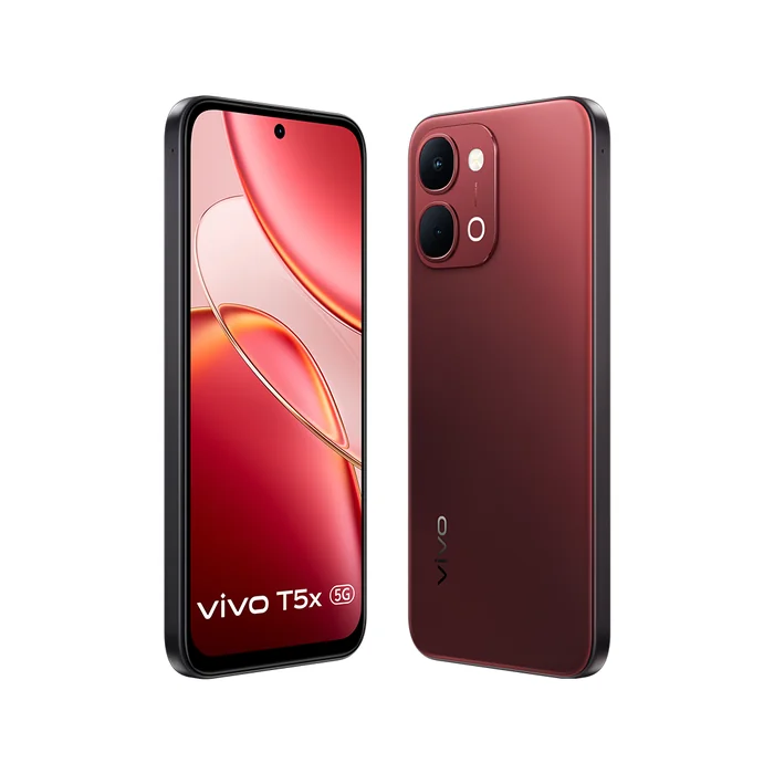 Vivo T5x 5G in Fusion Red, angled front and back views