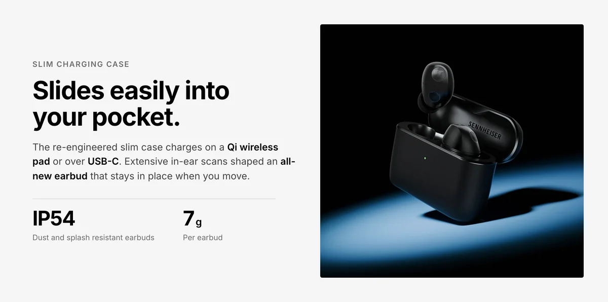 Sennheiser Momentum True Wireless 5 slim charging case with Qi wireless and USB-C charging, IP54 earbuds