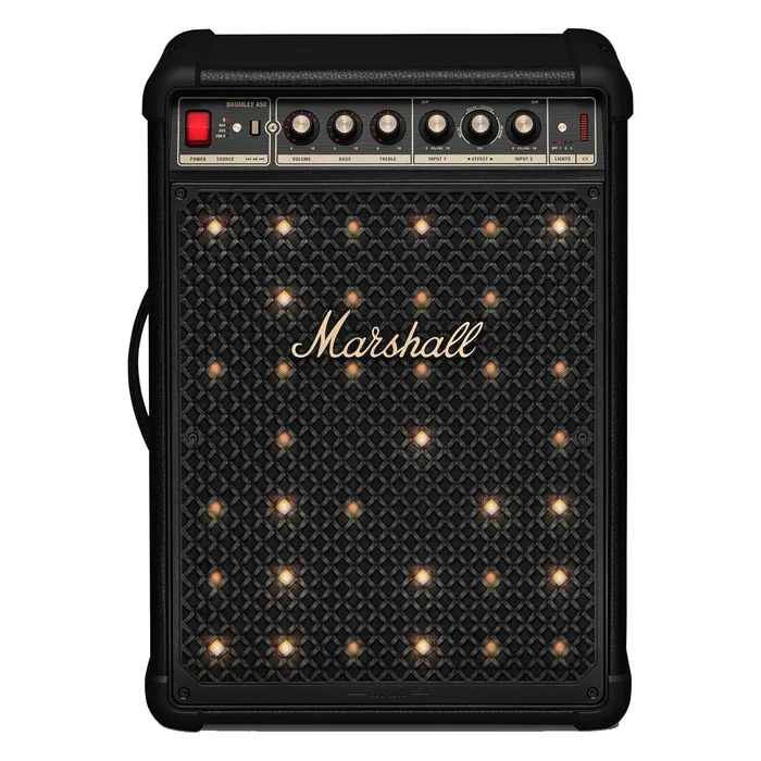 Marshall Bromley 450 portable Bluetooth party speaker in Black and Brass, front view with the stage lights on