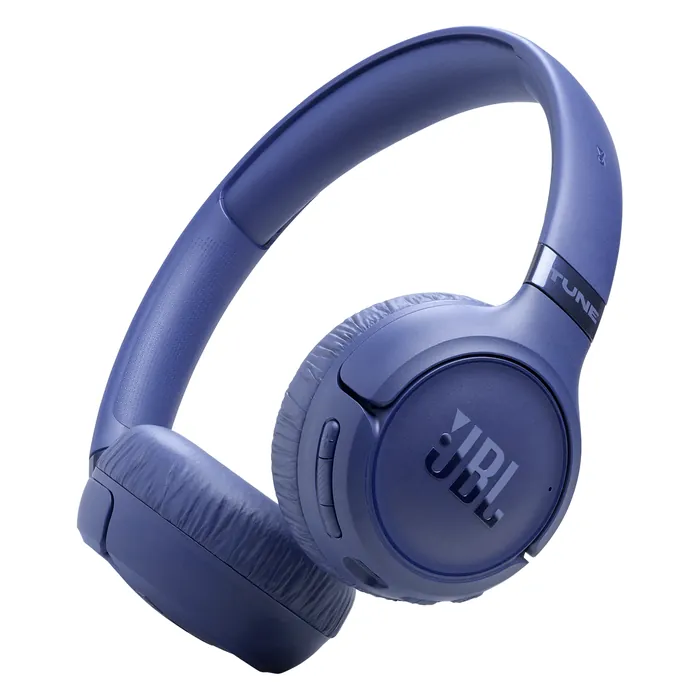 JBL Tune 680NC wireless on-ear noise cancelling headphones in Blue, angled view of the headphones