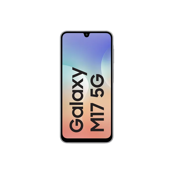 Samsung Galaxy M17 5G in Moonlight Silver, front view of the 6.7-inch Super AMOLED screen