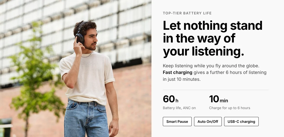 Sennheiser Momentum 4 Wireless up to 60 hours battery, 10 minute fast charge for 6 hours, Smart Pause and Auto On/Off