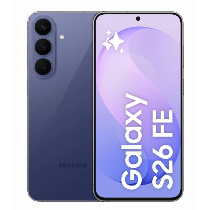 Samsung Galaxy S26 FE in Blueberry, back and front views
