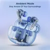 boAt Airdopes 191 ANC true wireless earbuds in Pellucid Blue, earbuds above the case, Ambient Mode