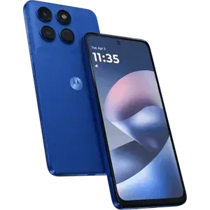 Motorola Moto G37 in Pantone Nautical Blue, back and front views, showing the camera module and the 6.67-inch screen