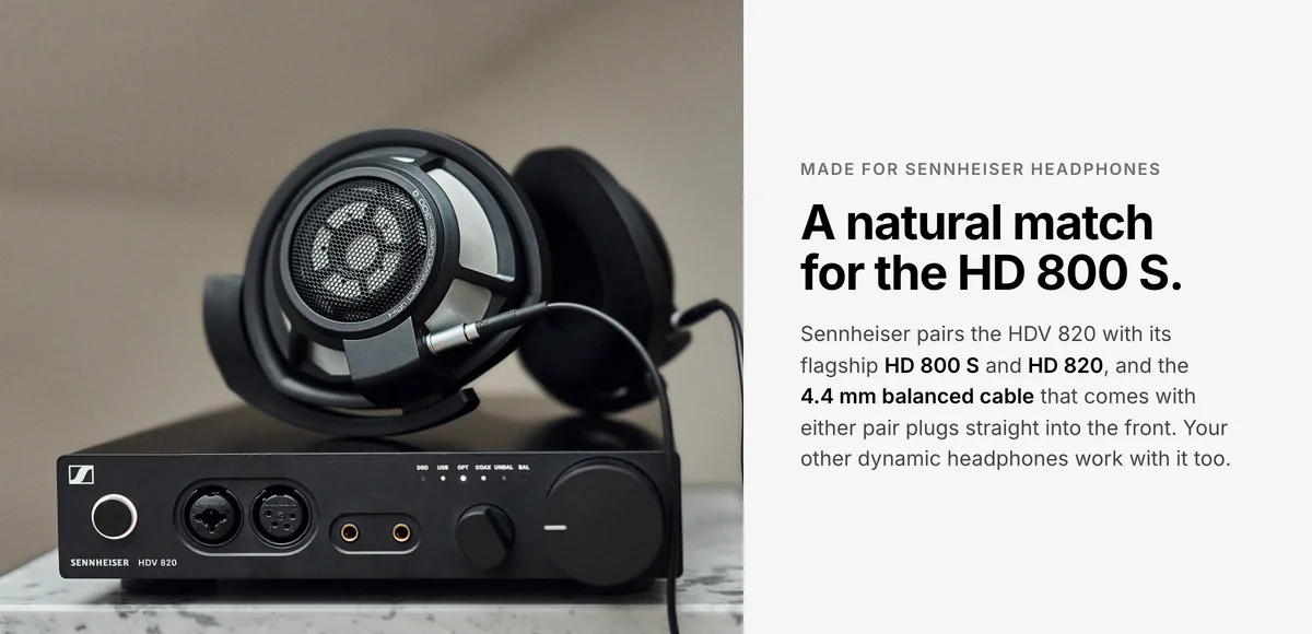 Sennheiser HD 800 S headphones resting on the HDV 820 headphone amplifier