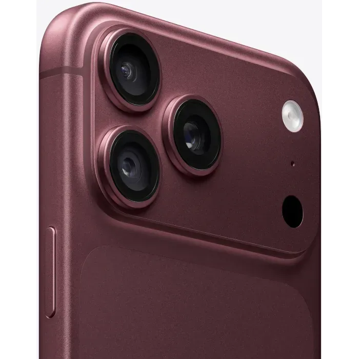Apple iPhone 18 Pro Max in Burgundy, close-up of the three 48MP cameras, flash and LiDAR Scanner