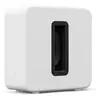 Sonos Sub 4 wireless subwoofer in White, angled view with the woofer visible through the slot