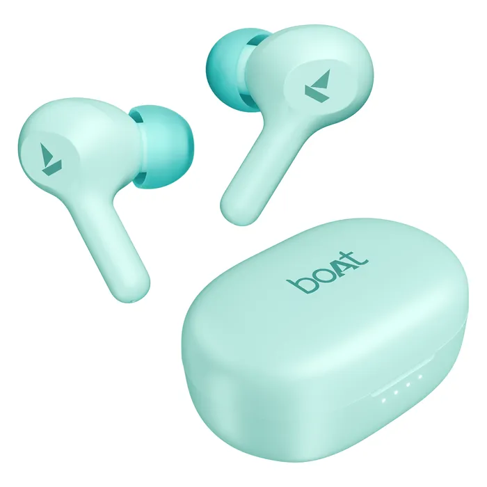 boAt Airdopes 71 true wireless earbuds in Aqua Blue, earbuds and charging case