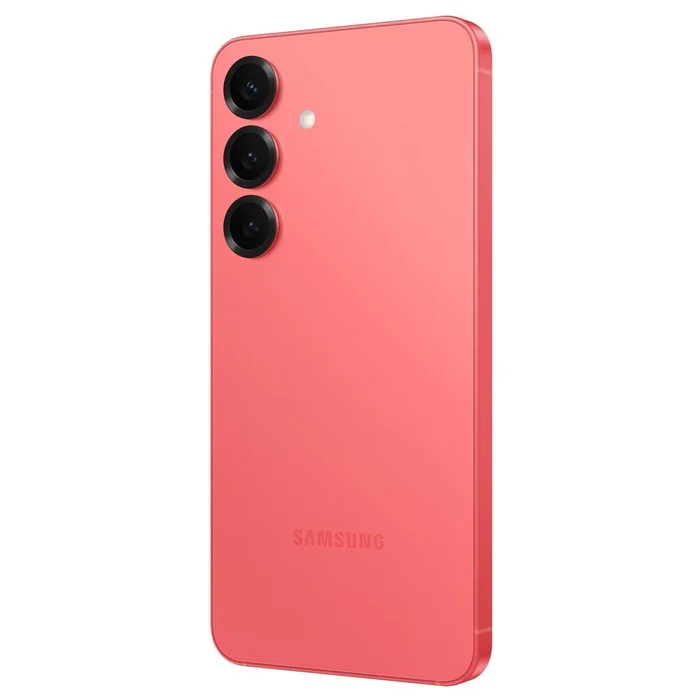 Samsung Galaxy S25 in Coralred, angled back view from the other side