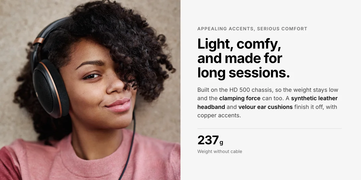 Woman wearing Sennheiser HD 505 Copper, 237 g with velour ear cushions