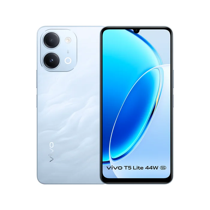 Vivo T5 Lite 5G in Wave Blue, front and back views