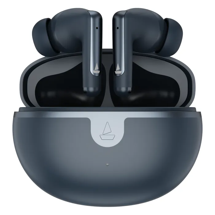 boAt Airdopes 161 ANC Elite true wireless earbuds in Blue, earbuds in the open charging case
