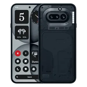 Nothing Phone (4a) in Black, back view showing the transparent design, dual camera and Glyph Bar