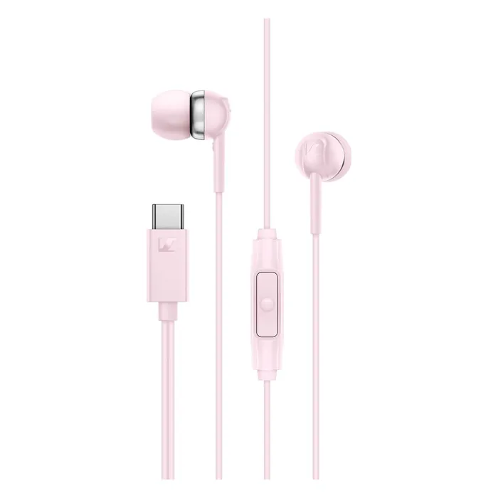 Sennheiser CX 80U USB-C wired earphones in Sakura, front view with the USB-C plug and inline remote