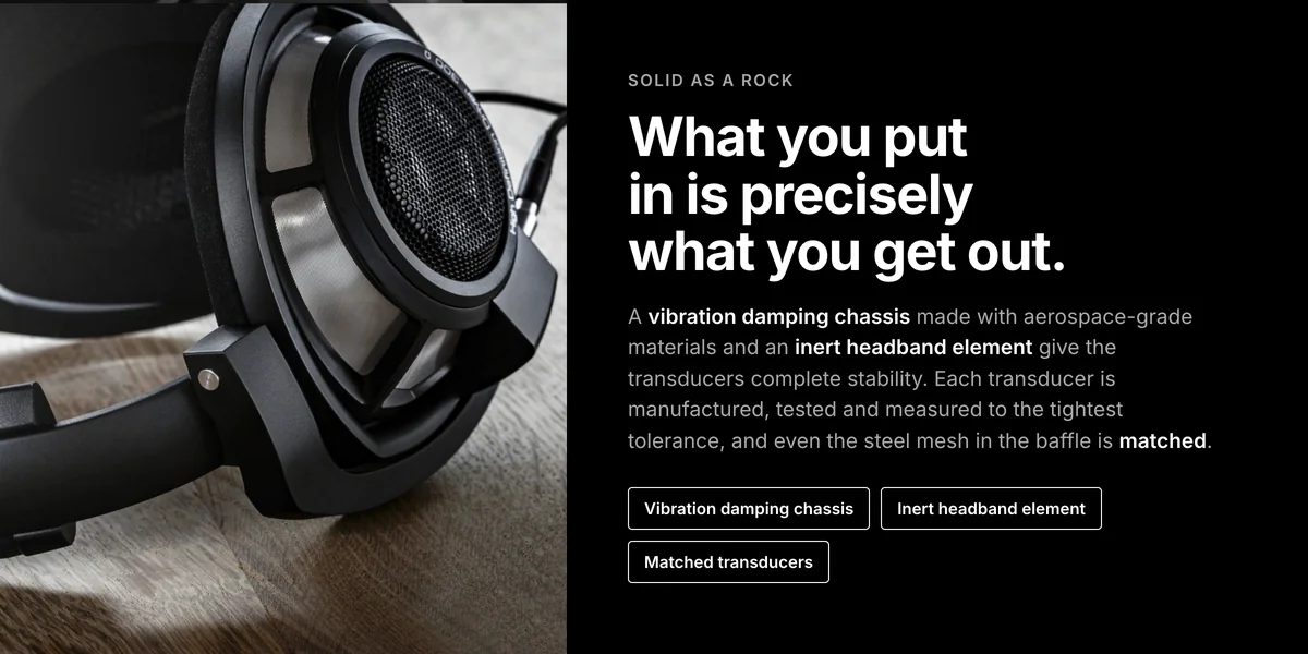 Sennheiser HD 800 S vibration damping chassis and inert headband element with matched transducers