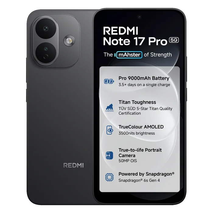Redmi Note 17 Pro 5G in Stealth Black, front and back views