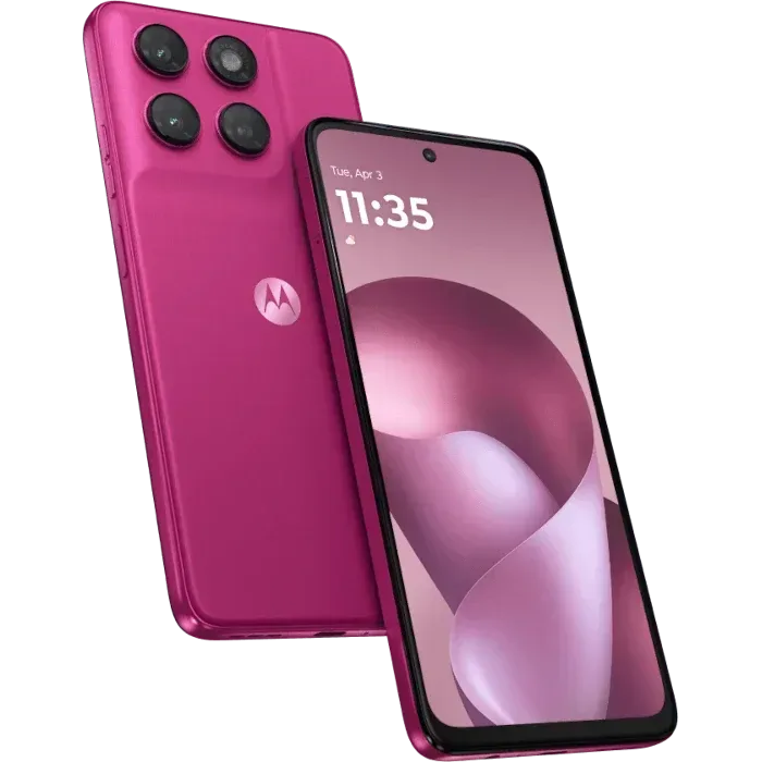 Motorola Moto G77 Power in Pantone Fuchsia Red, back and front views, showing the camera module and the 6.72-inch screen