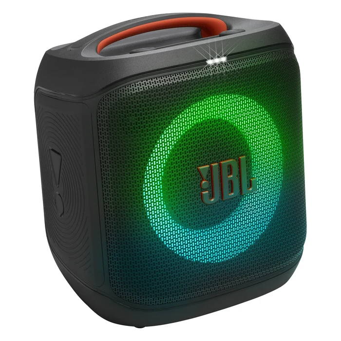 JBL PartyBox Encore Essential 2 Bluetooth party speaker in Black, angled front view with the lightshow on