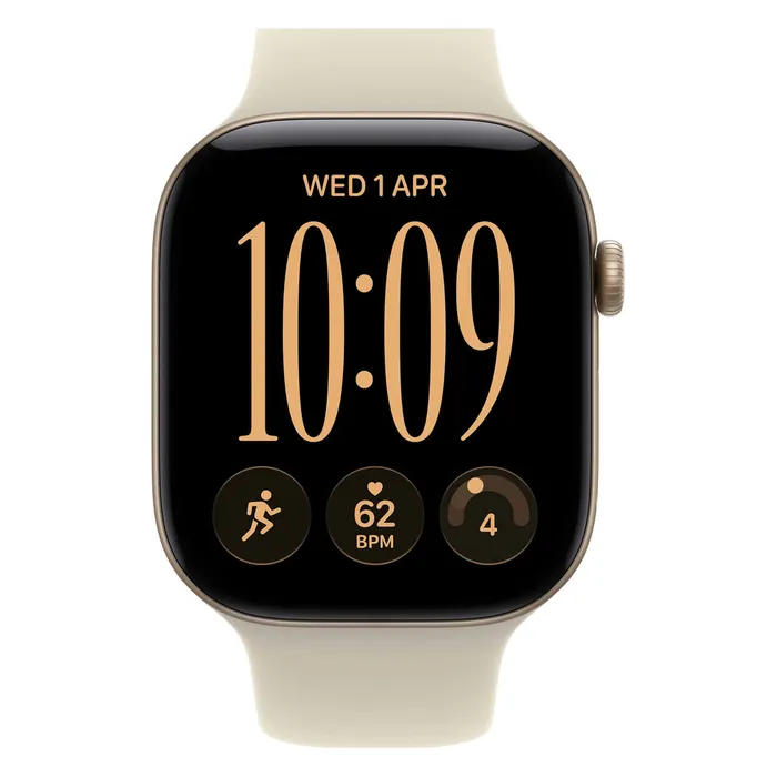 Apple Watch Series 12 46mm in Light Gold Aluminium with the Sand Sport Band, front view with the watch face on
