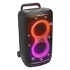 JBL PartyBox 520 portable Bluetooth party speaker in Black, angled front view with the lightshow on