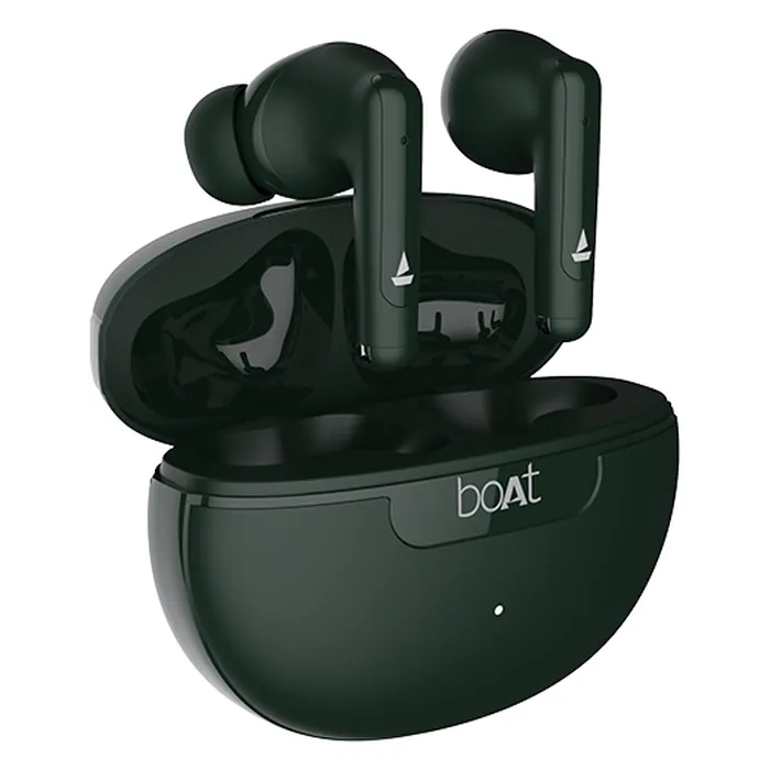 boAt Airdopes 161 ANC true wireless earbuds in Green, earbuds with the open charging case