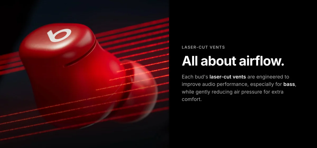 Beats Solo Buds earbud in Transparent Red, laser-cut vents for better bass and less air pressure