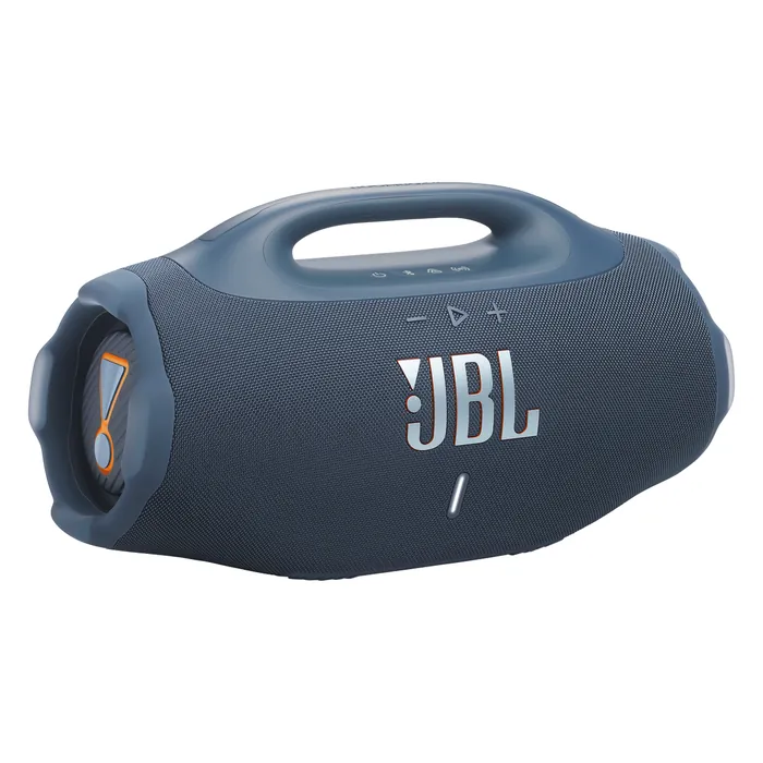 JBL Boombox 4 portable Bluetooth speaker in Blue, angled front view
