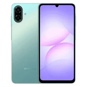 Samsung Galaxy A07 5G in Light Green, back and front views with key features