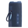 JBL Flip 7 portable Bluetooth speaker in Blue, carabiner on the PushLock mount beside the Bluetooth, power and Auracast buttons