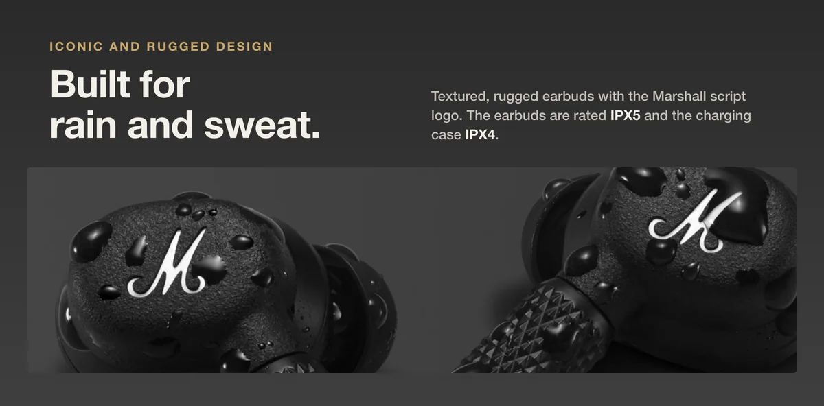 Marshall Motif II A.N.C. textured earbuds with water drops: IPX5 earbuds and IPX4 charging case