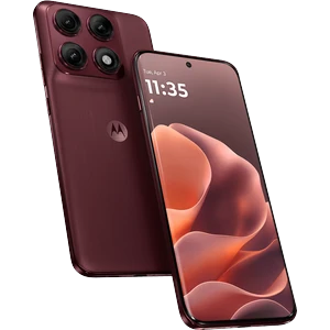 Motorola Edge 70 Pro+ in Pantone Zinfandel, angled back and front views