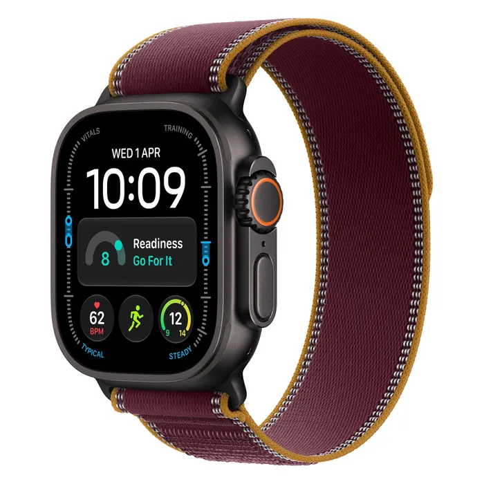Apple Watch Ultra 4 in Black Titanium with the Burgundy Trail Loop, three-quarter view with the watch face on