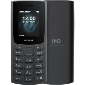 Nokia 105 dual SIM in Charcoal, front view with the 1.8-inch screen and keypad, next to the back with the HMD logo