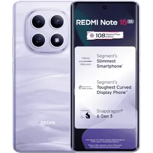 Redmi Note 15 5G in Mist Purple, front and back views