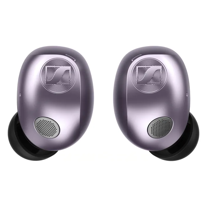 Sennheiser Momentum True Wireless 5 noise cancelling earbuds in Lavender, pair of earbuds, front view