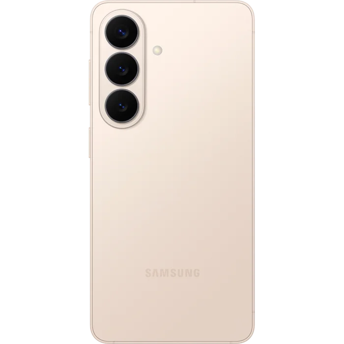 Samsung Galaxy S26 in Pink Gold, back view with the triple camera