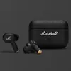 Marshall Motif II A.N.C. true wireless noise cancelling earbuds in Black, earbuds beside the closed charging case