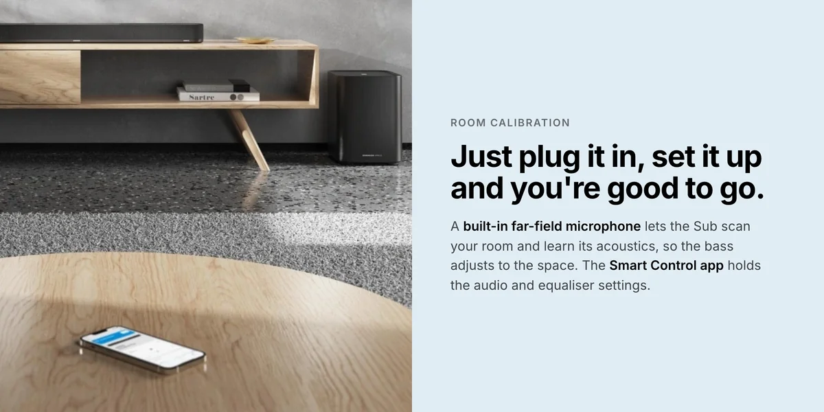 Sennheiser Ambeo Sub in a living room, room calibration with its built-in far-field microphone