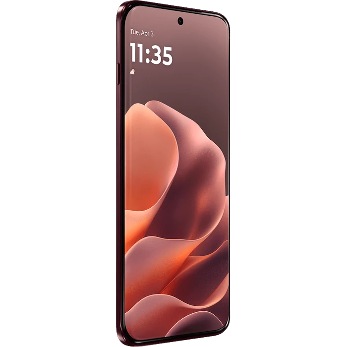 Motorola Edge 70 Pro+ in Pantone Zinfandel, angled front view